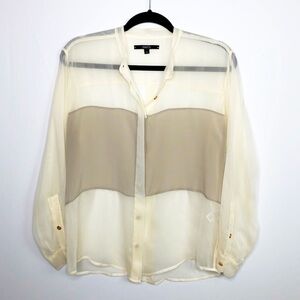 NAVEN sheer button down color block silk blouse